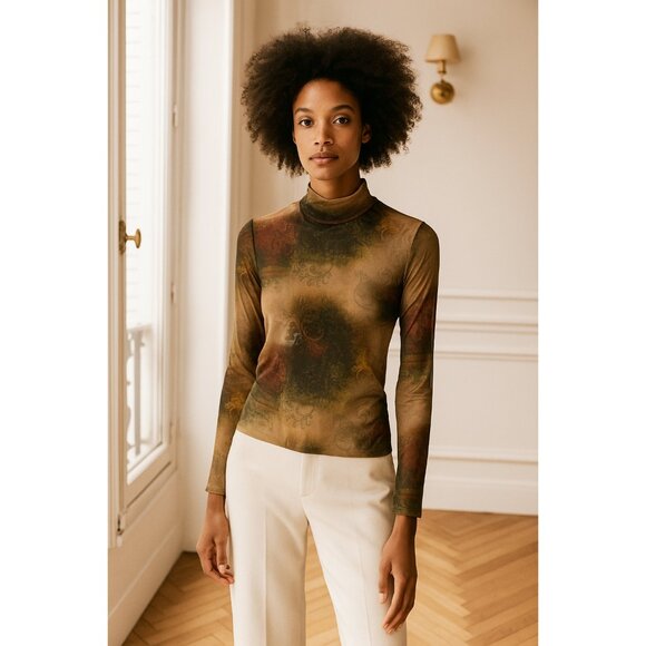 NWT Rachel Rachel Roy Mesh Top Abstract Print Long Sleeve Mock Neck Large - Picture 1 of 7